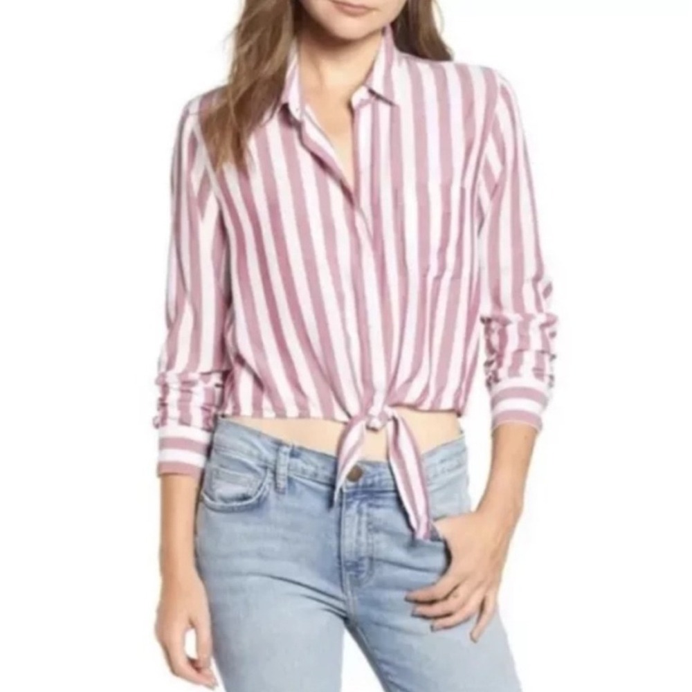 Rails -1823 Women's Val Garnet White Pink Striped Tie-Front Shirt Long Sleeve  L